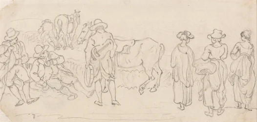 Figura con laúd y pandereta, con otras figuras: hombres descansando, mujeres del campo, caballos, etc.